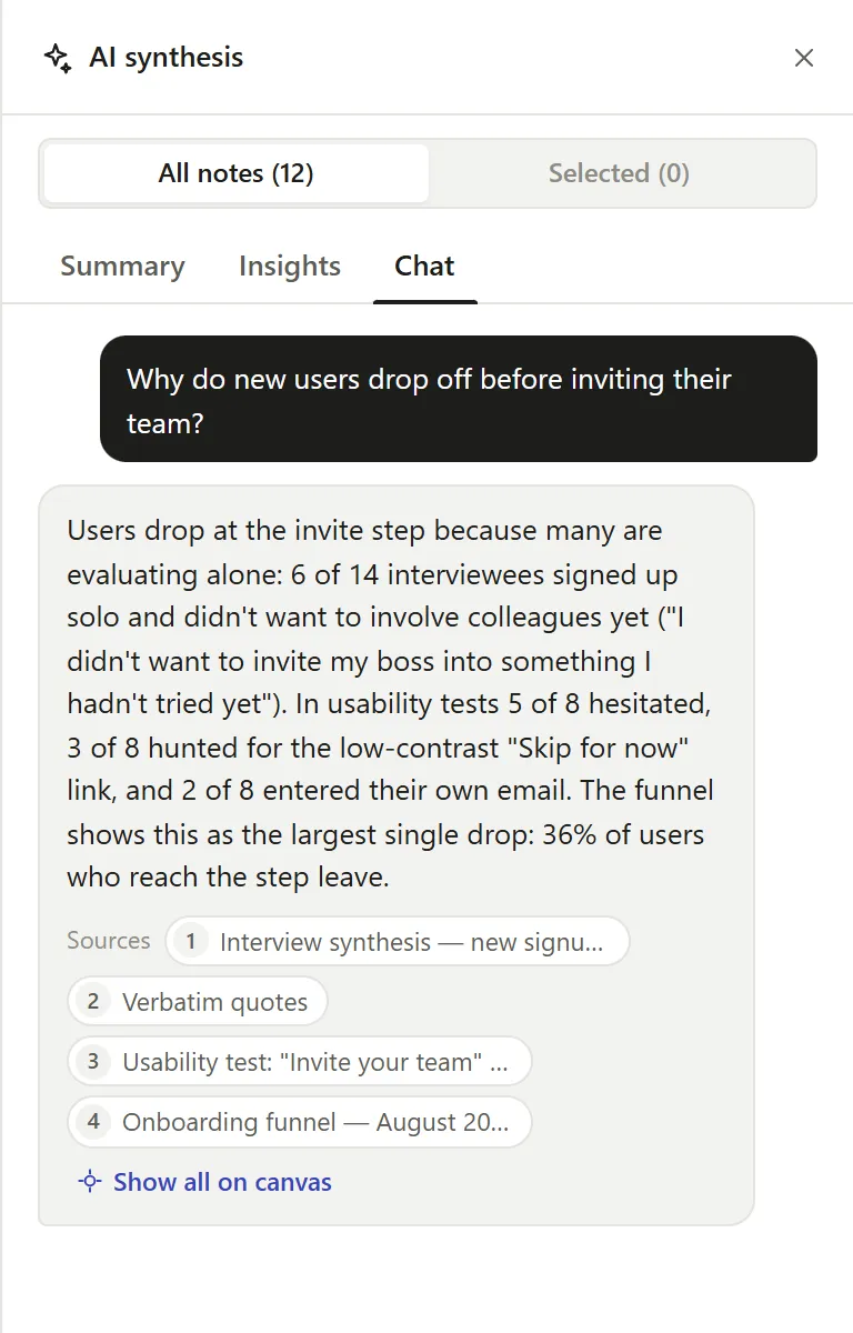 Chat answer citing four notes from the board
