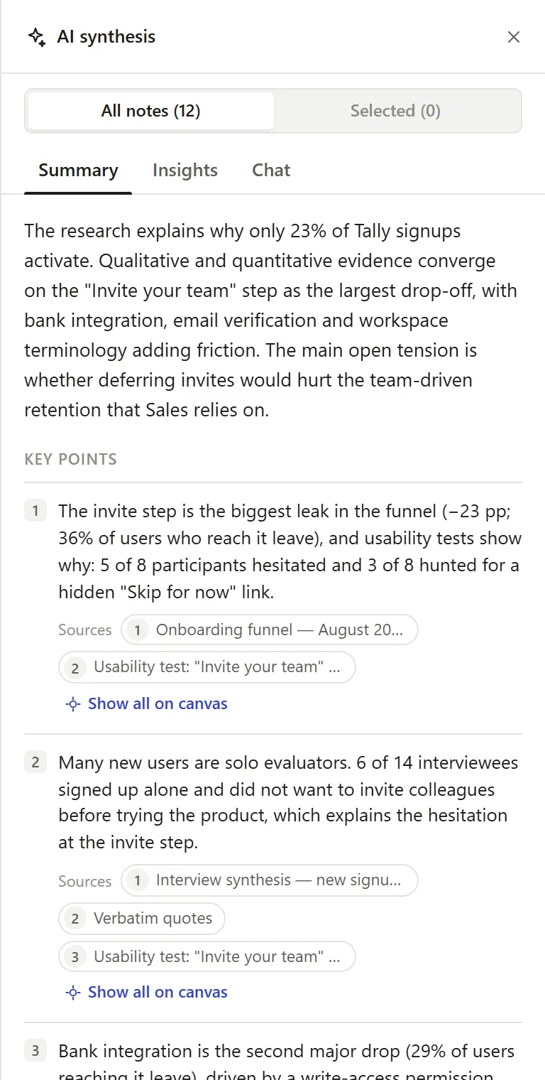 AI summary with key points and their source notes